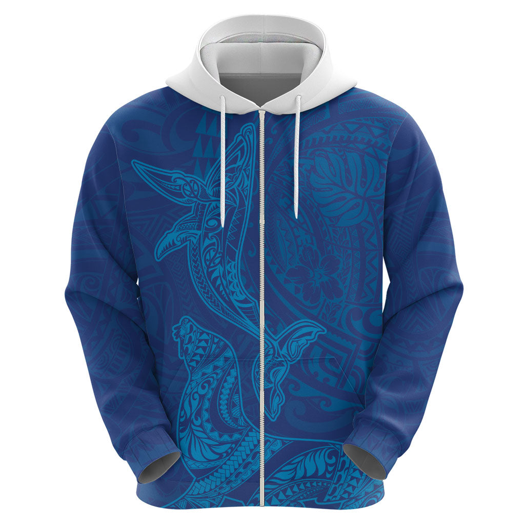 Hawaiian Monk Seal and Whale Zip Hoodie Kakau Tribal Pattern Blue Color