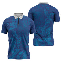 Hawaiian Monk Seal and Whale Zipper Polo Shirt Kakau Tribal Pattern Blue Color