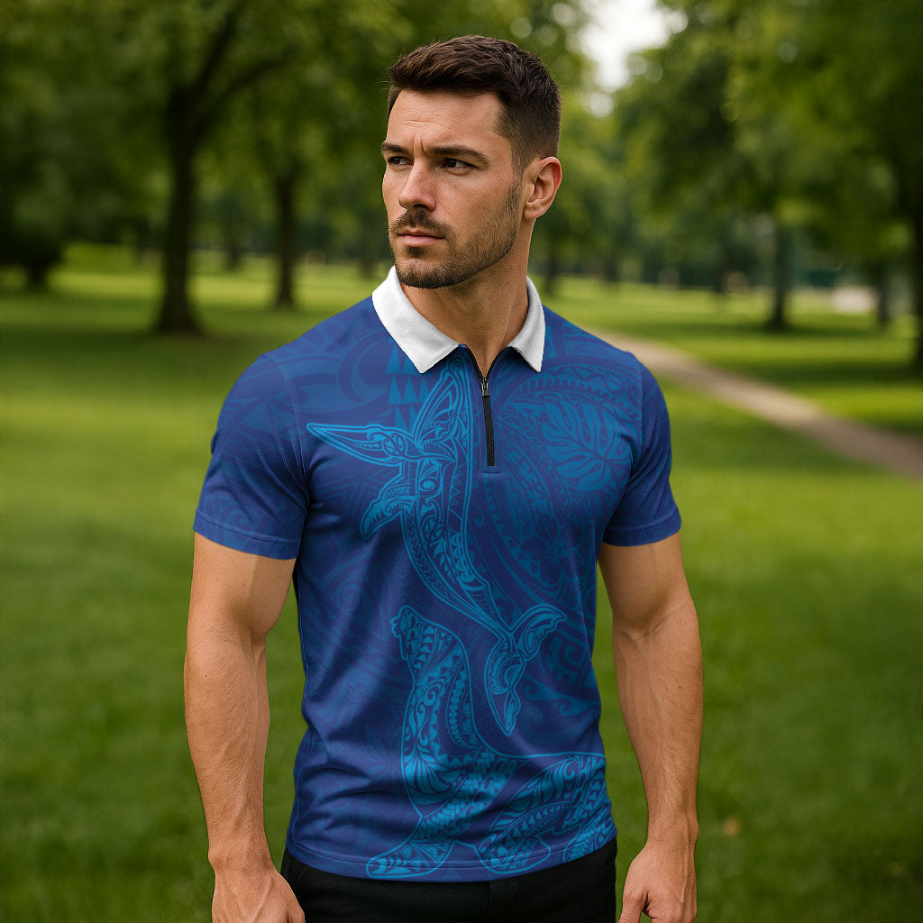 Hawaiian Monk Seal and Whale Zipper Polo Shirt Kakau Tribal Pattern Blue Color