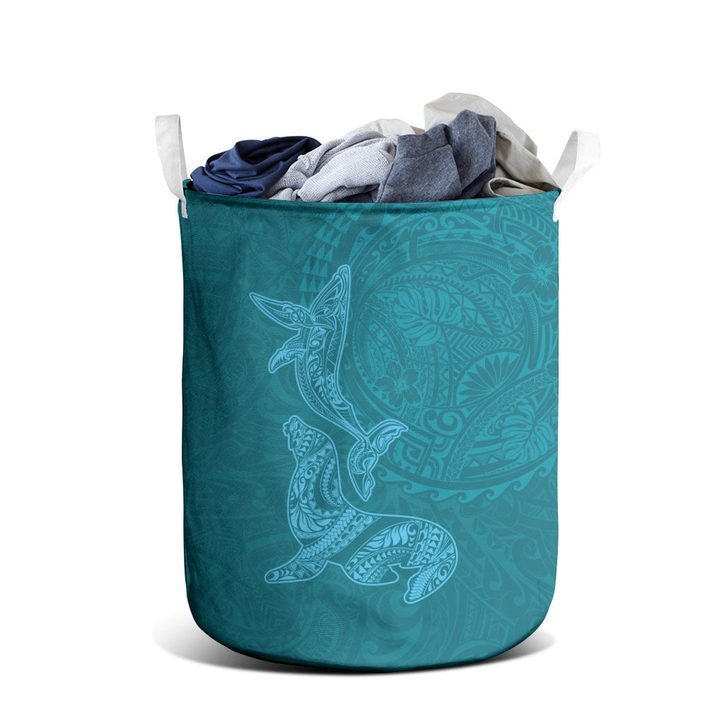 Hawaiian Monk Seal and Whale Laundry Basket Kakau Tribal Pattern Teal Color