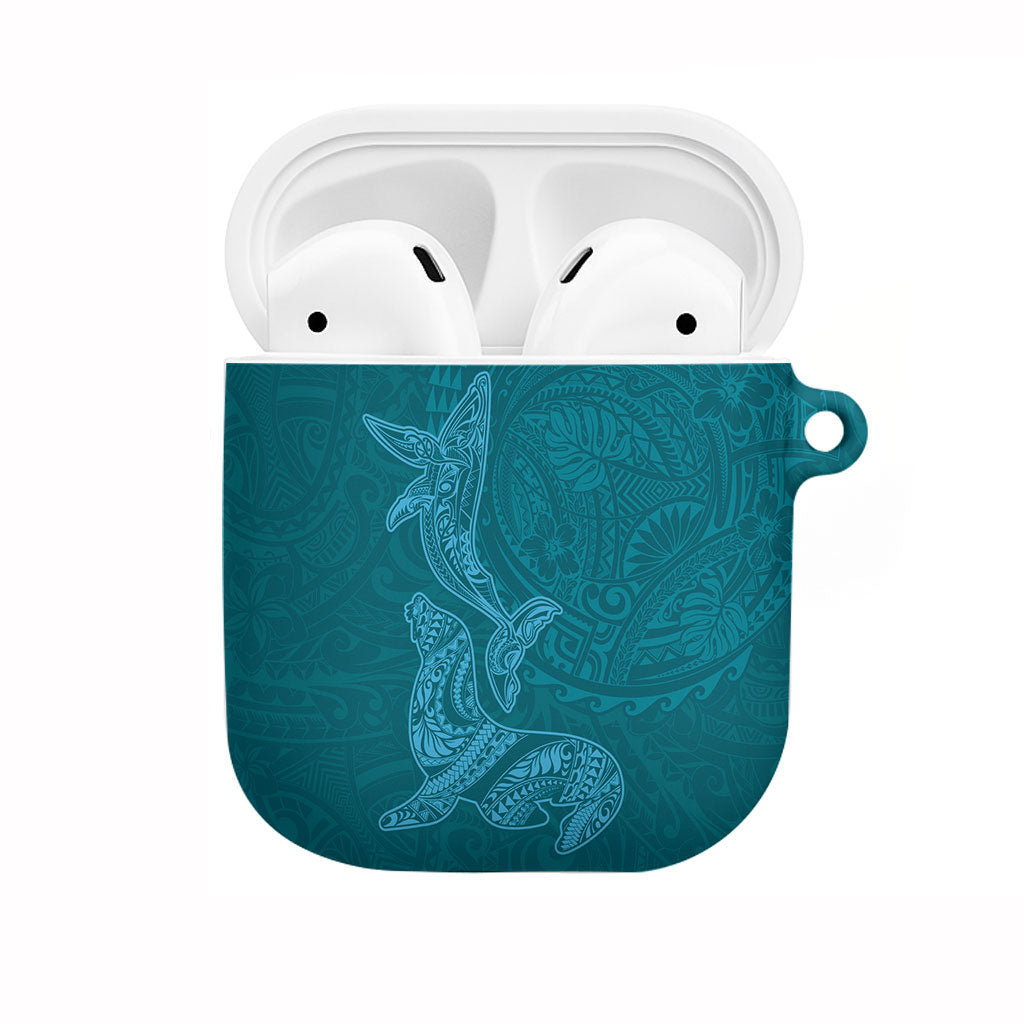Hawaiian Monk Seal and Whale AirPods Case Kakau Tribal Pattern Teal Color