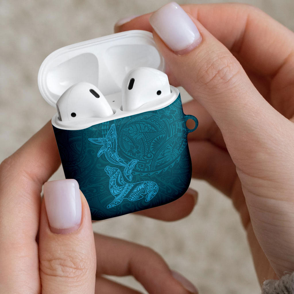 Hawaiian Monk Seal and Whale AirPods Case Kakau Tribal Pattern Teal Color