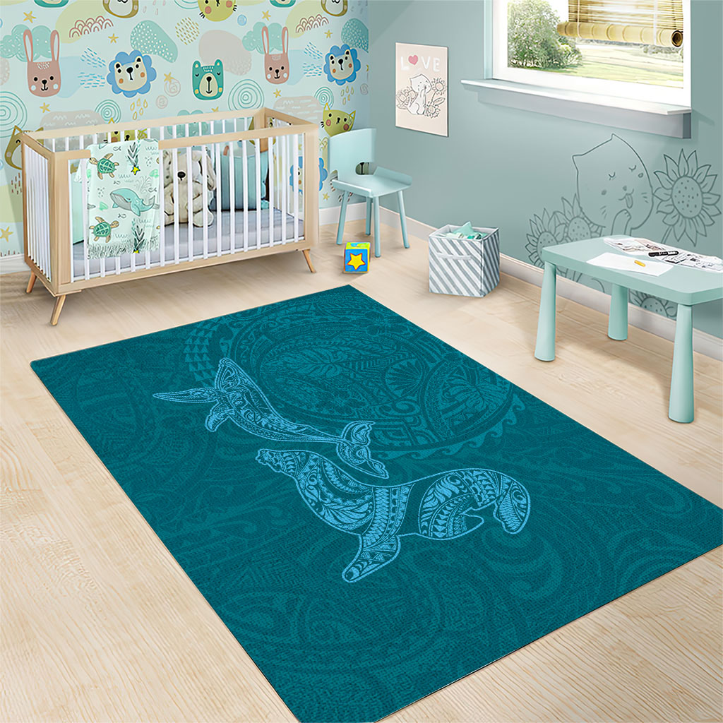 Hawaiian Monk Seal and Whale Area Rug Kakau Tribal Pattern Teal Color