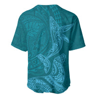 Hawaiian Monk Seal and Whale Baseball Jersey Kakau Tribal Pattern Teal Color