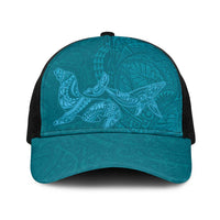 Hawaiian Monk Seal and Whale Baseball Net Cap Kakau Tribal Pattern Teal Color