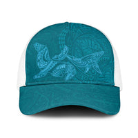 Hawaiian Monk Seal and Whale Baseball Net Cap Kakau Tribal Pattern Teal Color