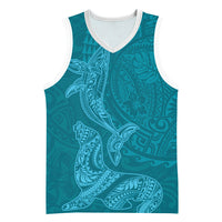 Hawaiian Monk Seal and Whale Basketball Jersey Kakau Tribal Pattern Teal Color