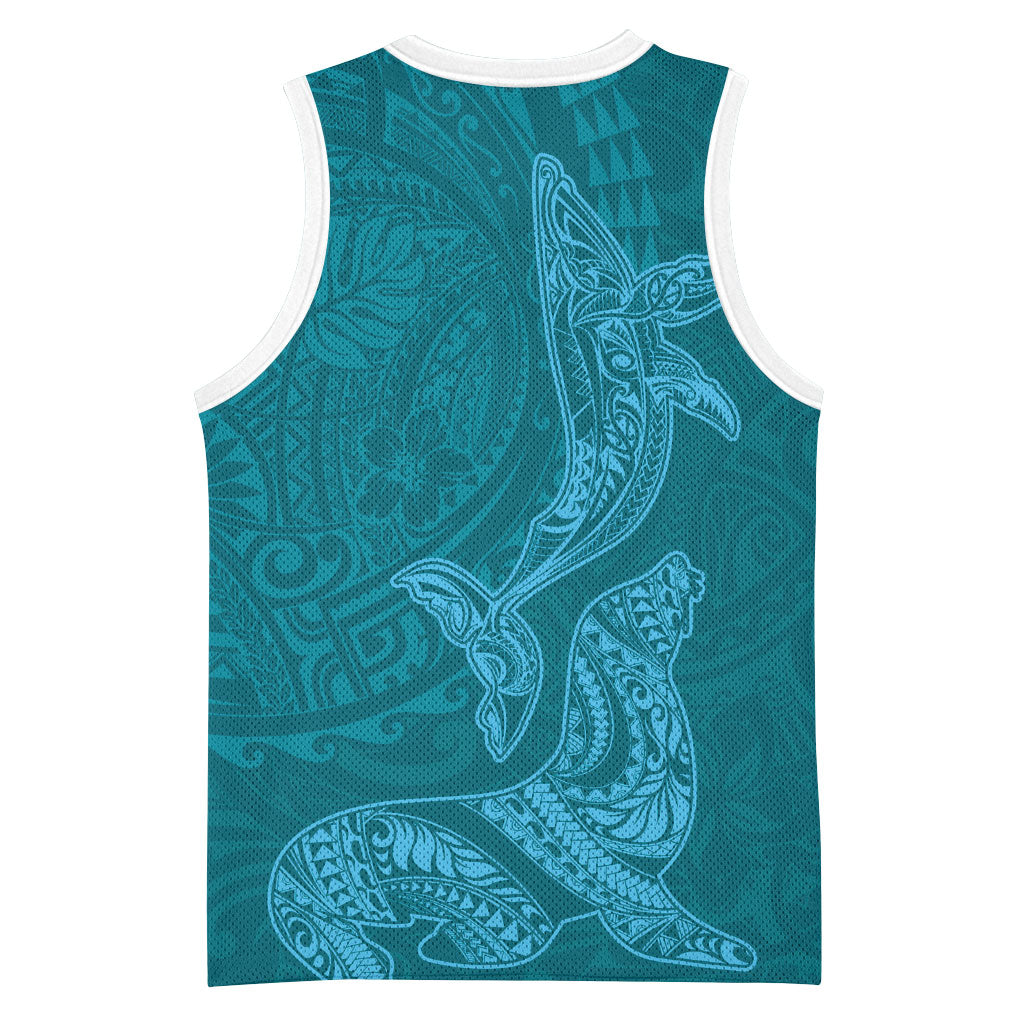 Hawaiian Monk Seal and Whale Basketball Jersey Kakau Tribal Pattern Teal Color