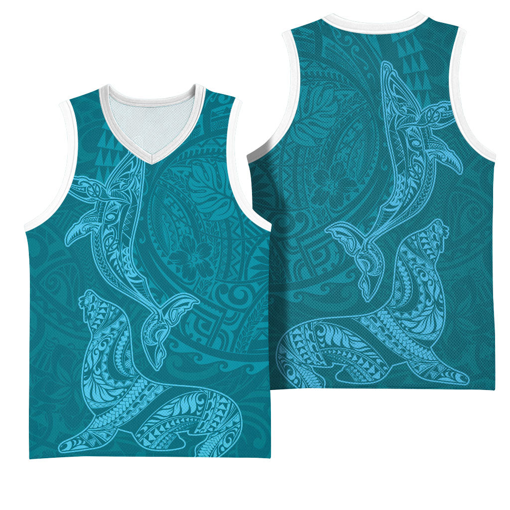 Hawaiian Monk Seal and Whale Basketball Jersey Kakau Tribal Pattern Teal Color
