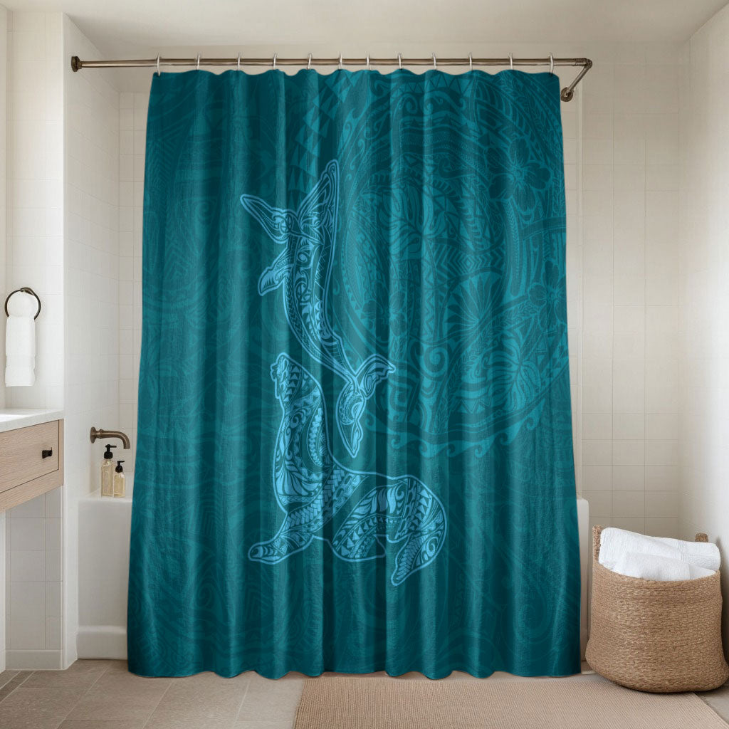 Hawaiian Monk Seal and Whale Bathroom Set Kakau Tribal Pattern Teal Color