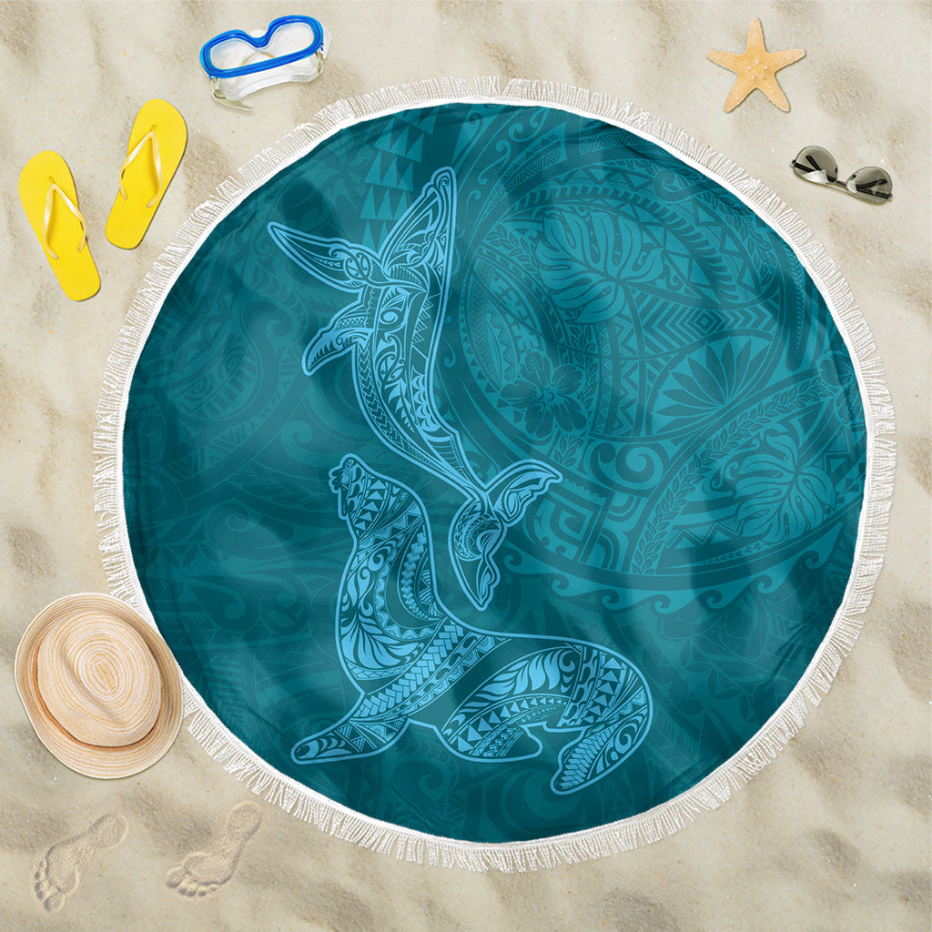 Hawaiian Monk Seal and Whale Beach Blanket Kakau Tribal Pattern Teal Color