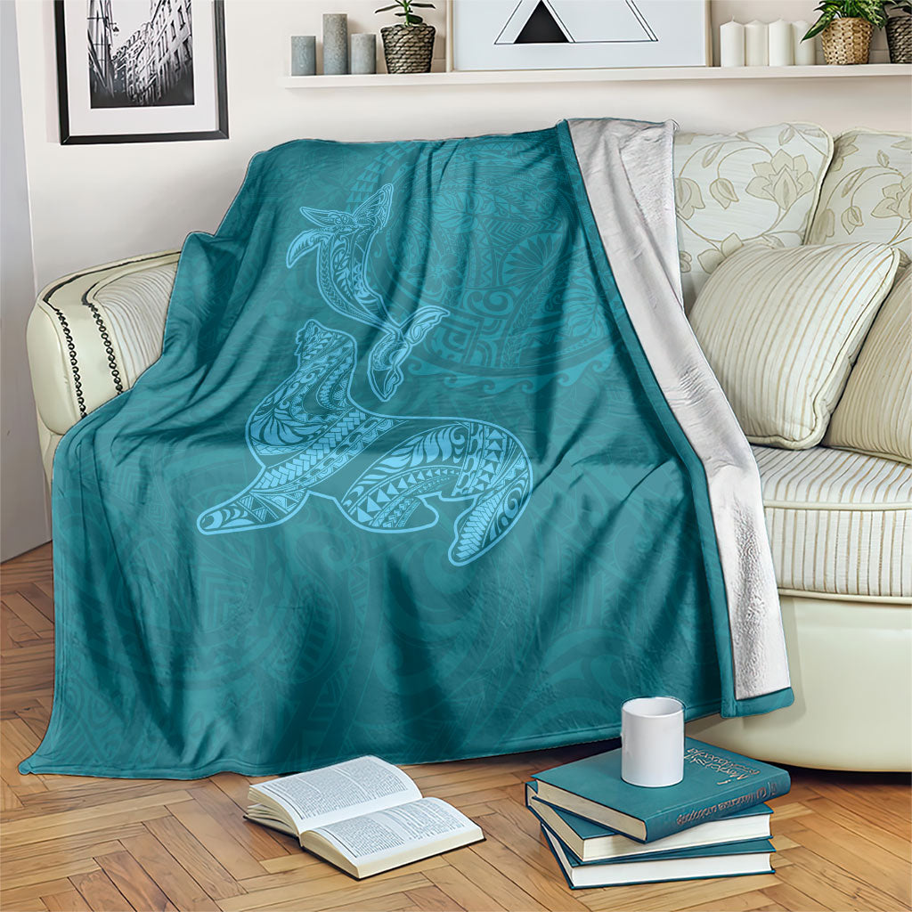 Hawaiian Monk Seal and Whale Blanket Kakau Tribal Pattern Teal Color