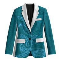 Hawaiian Monk Seal and Whale Blazer Kakau Tribal Pattern Teal Color