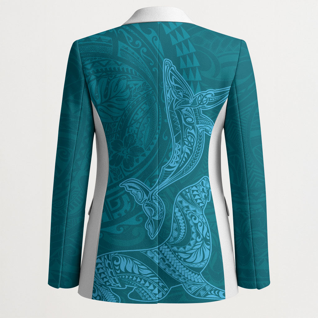 Hawaiian Monk Seal and Whale Blazer Kakau Tribal Pattern Teal Color