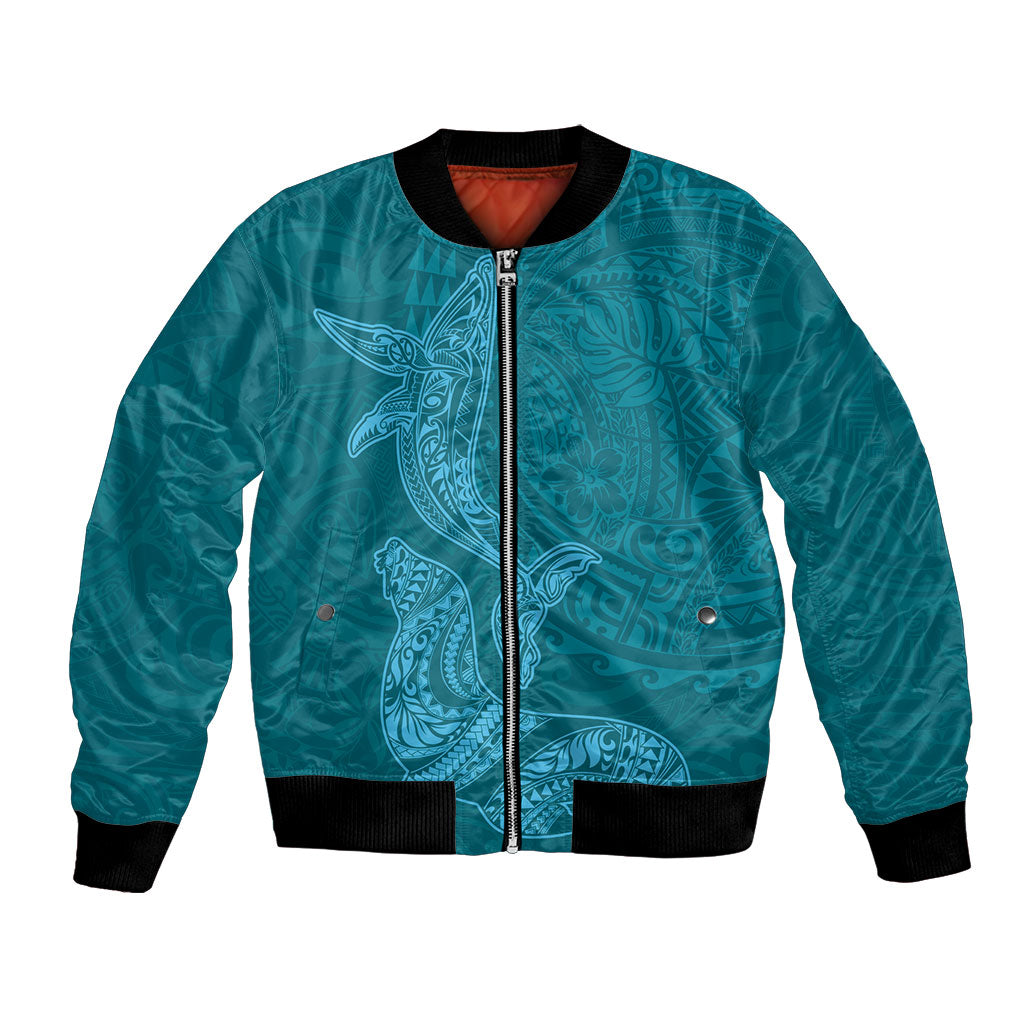 Hawaiian Monk Seal and Whale Bomber Jacket Kakau Tribal Pattern Teal Color