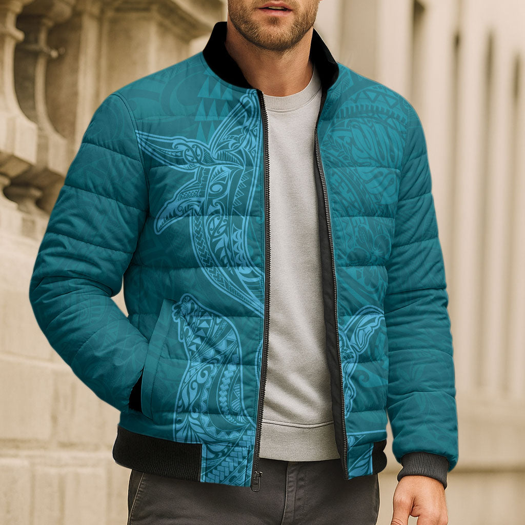 Hawaiian Monk Seal and Whale Bomber Puffer Jacket Kakau Tribal Pattern Teal Color