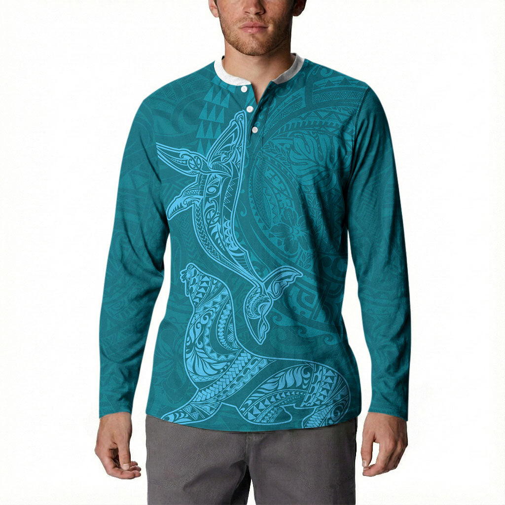 Hawaiian Monk Seal and Whale Button Sweatshirt Kakau Tribal Pattern Teal Color