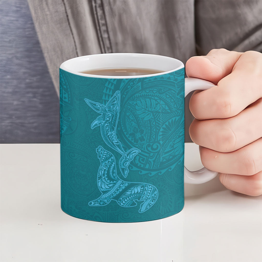 Hawaiian Monk Seal and Whale Ceramic Mug Kakau Tribal Pattern Teal Color