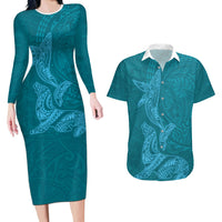 Hawaiian Monk Seal and Whale Couples Matching Long Sleeve Bodycon Dress and Hawaiian Shirt Kakau Tribal Pattern Teal Color LT03 Teal - Polynesian Pride