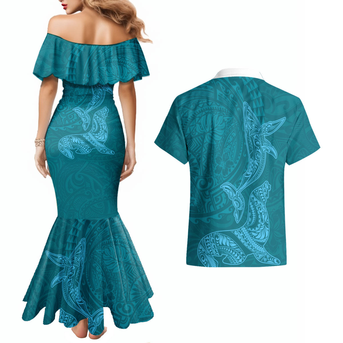 Hawaiian Monk Seal and Whale Couples Matching Mermaid Dress and Hawaiian Shirt Kakau Tribal Pattern Teal Color LT03 - Polynesian Pride