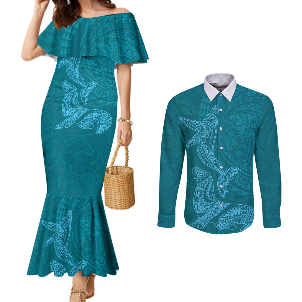 Hawaiian Monk Seal and Whale Couples Matching Mermaid Dress and Long Sleeve Button Shirt Kakau Tribal Pattern Teal Color