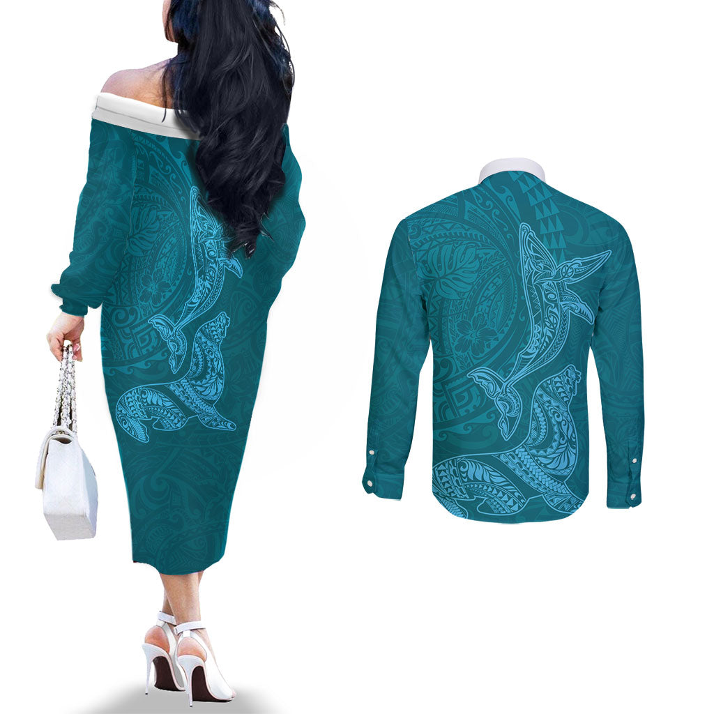 Hawaiian Monk Seal and Whale Couples Matching Off The Shoulder Long Sleeve Dress and Long Sleeve Button Shirt Kakau Tribal Pattern Teal Color LT03 - Polynesian Pride