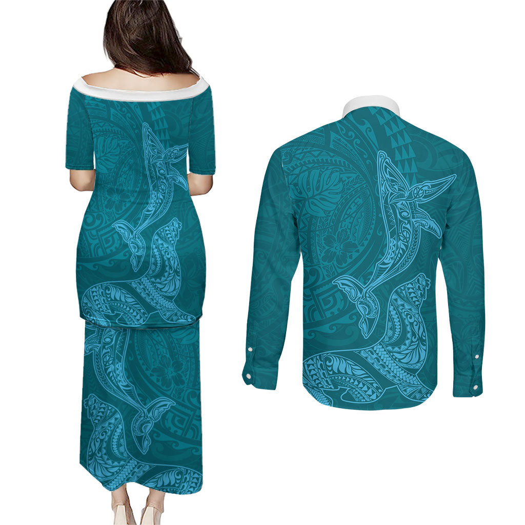 Hawaiian Monk Seal and Whale Couples Matching Puletasi and Long Sleeve Button Shirt Kakau Tribal Pattern Teal Color