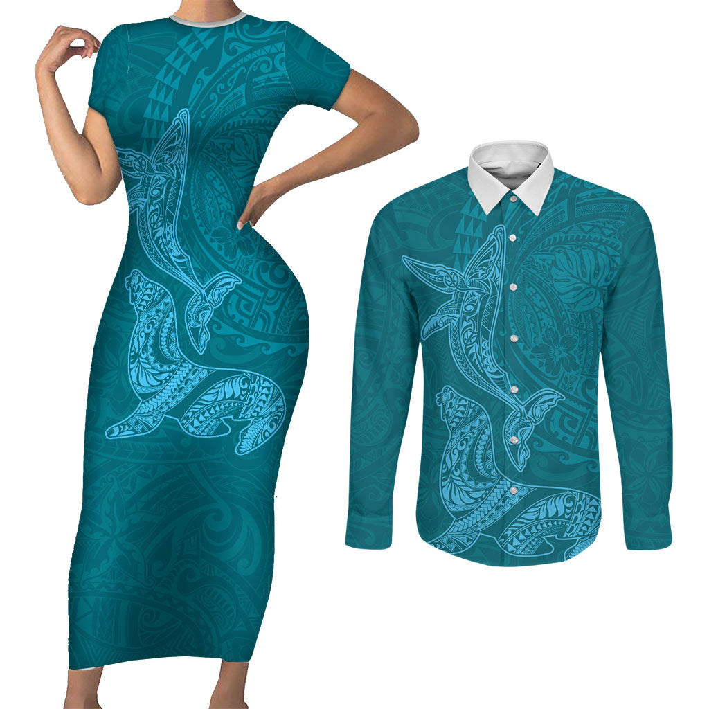 Hawaiian Monk Seal and Whale Couples Matching Short Sleeve Bodycon Dress and Long Sleeve Button Shirt Kakau Tribal Pattern Teal Color