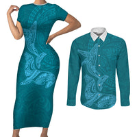 Hawaiian Monk Seal and Whale Couples Matching Short Sleeve Bodycon Dress and Long Sleeve Button Shirt Kakau Tribal Pattern Teal Color
