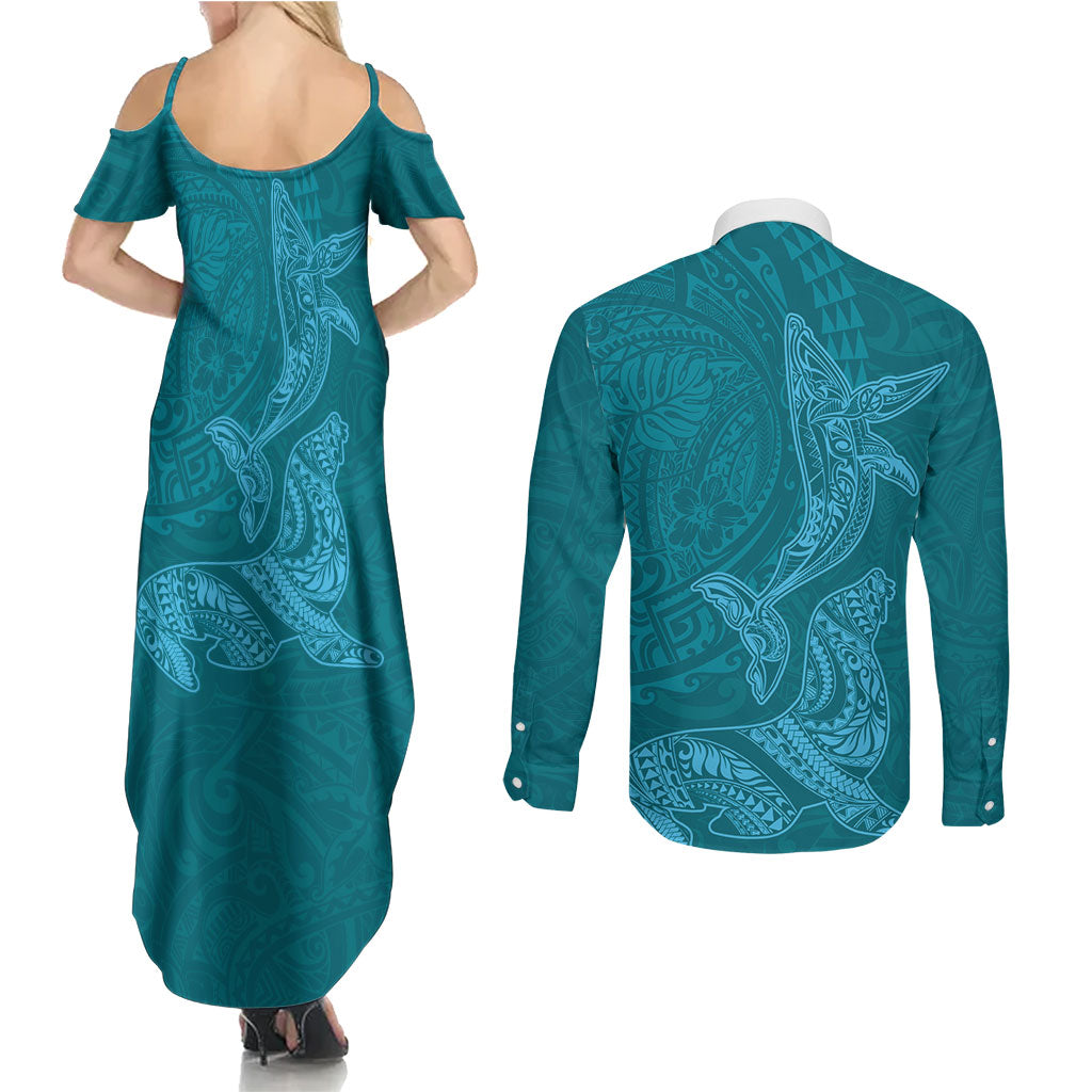 Hawaiian Monk Seal and Whale Couples Matching Summer Maxi Dress and Long Sleeve Button Shirt Kakau Tribal Pattern Teal Color