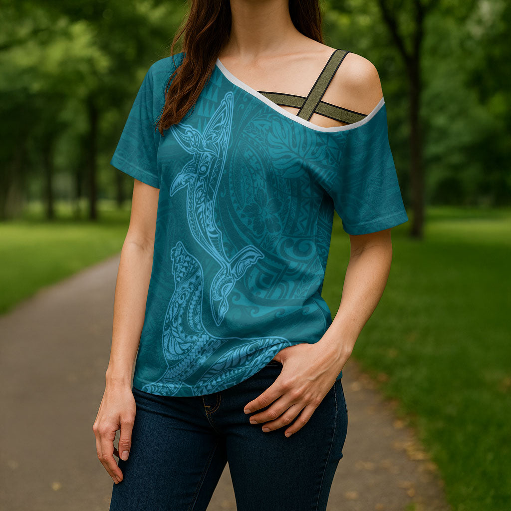 Hawaiian Monk Seal and Whale Cross Shoulder Shirt Kakau Tribal Pattern Teal Color