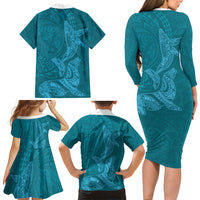 Hawaiian Monk Seal and Whale Family Matching Long Sleeve Bodycon Dress and Hawaiian Shirt Kakau Tribal Pattern Teal Color LT03 - Polynesian Pride