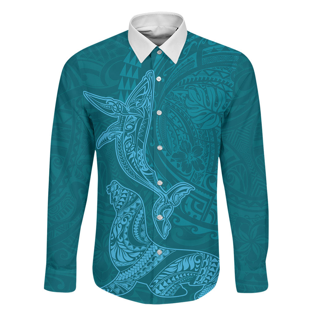 Hawaiian Monk Seal and Whale Family Matching Long Sleeve Bodycon Dress and Hawaiian Shirt Kakau Tribal Pattern Teal Color LT03 Dad's Shirt - Long Sleeve Teal - Polynesian Pride