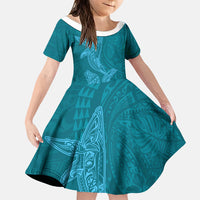 Hawaiian Monk Seal and Whale Family Matching Mermaid Dress and Hawaiian Shirt Kakau Tribal Pattern Teal Color LT03 Daughter's Dress Teal - Polynesian Pride