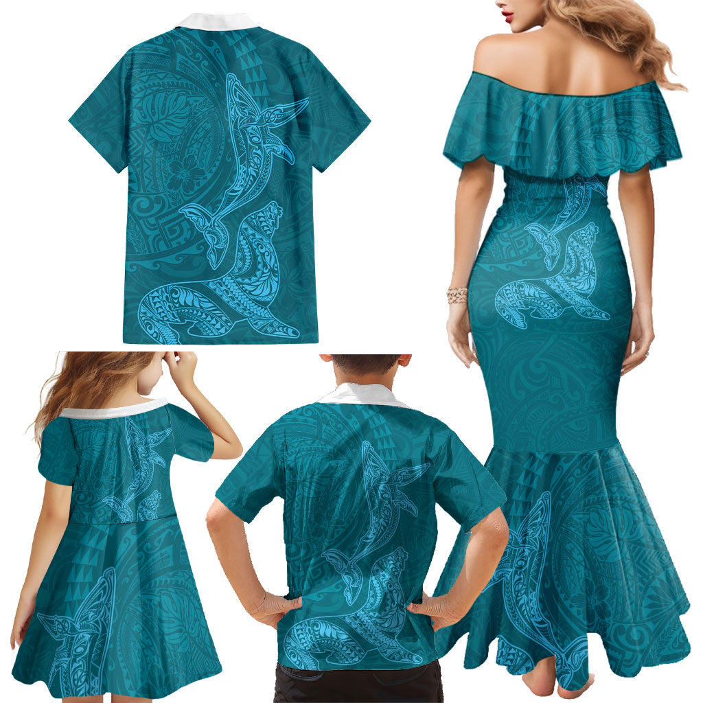Hawaiian Monk Seal and Whale Family Matching Mermaid Dress and Hawaiian Shirt Kakau Tribal Pattern Teal Color LT03 - Polynesian Pride