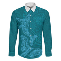 Hawaiian Monk Seal and Whale Family Matching Mermaid Dress and Hawaiian Shirt Kakau Tribal Pattern Teal Color LT03 Dad's Shirt - Long Sleeve Teal - Polynesian Pride