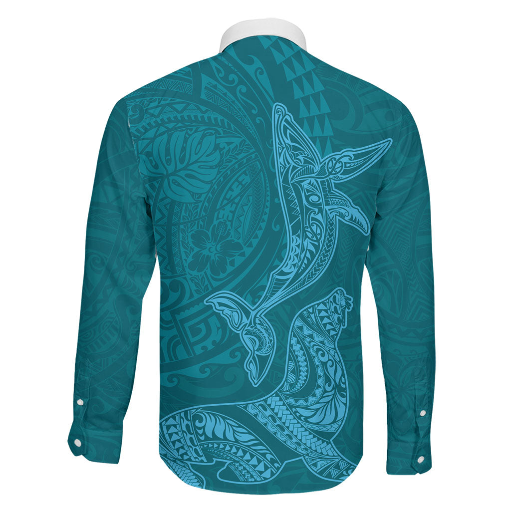Hawaiian Monk Seal and Whale Family Matching Mermaid Dress and Hawaiian Shirt Kakau Tribal Pattern Teal Color LT03 - Polynesian Pride