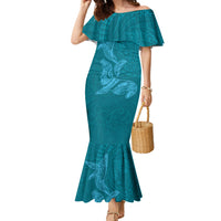 Hawaiian Monk Seal and Whale Family Matching Mermaid Dress and Hawaiian Shirt Kakau Tribal Pattern Teal Color LT03 Mom's Dress Teal - Polynesian Pride
