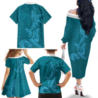 Hawaiian Monk Seal and Whale Family Matching Off The Shoulder Long Sleeve Dress and Hawaiian Shirt Kakau Tribal Pattern Teal Color LT03 - Polynesian Pride