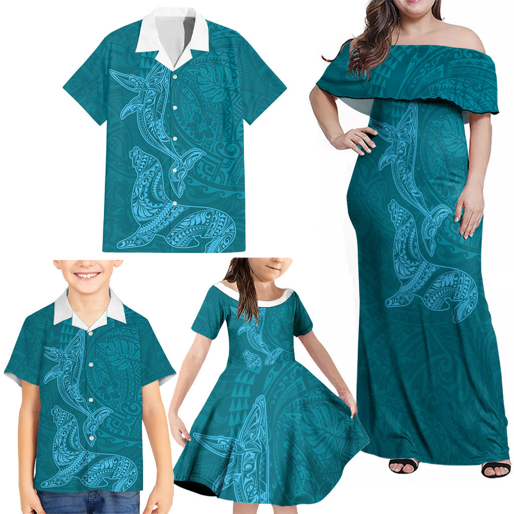 Hawaiian Monk Seal and Whale Family Matching Off Shoulder Maxi Dress and Hawaiian Shirt Kakau Tribal Pattern Teal Color LT03 - Polynesian Pride