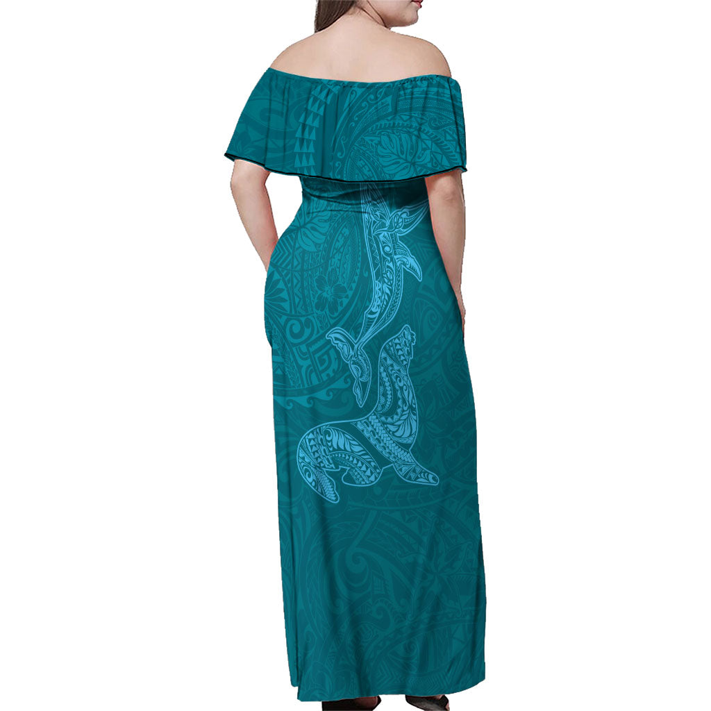 Hawaiian Monk Seal and Whale Family Matching Off Shoulder Maxi Dress and Hawaiian Shirt Kakau Tribal Pattern Teal Color LT03 - Polynesian Pride