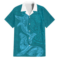 Hawaiian Monk Seal and Whale Family Matching Off Shoulder Short Dress and Hawaiian Shirt Kakau Tribal Pattern Teal Color LT03 Dad's Shirt - Short Sleeve Teal - Polynesian Pride