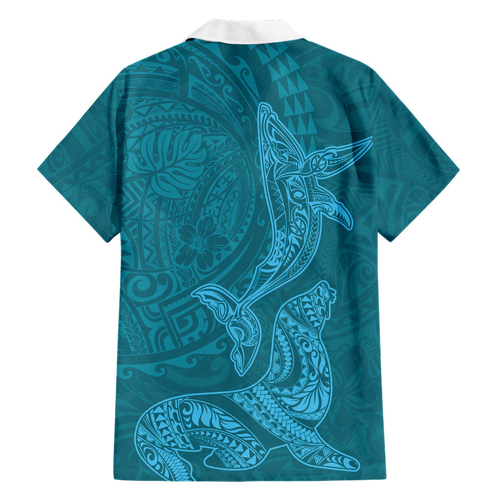 Hawaiian Monk Seal and Whale Family Matching Off Shoulder Short Dress and Hawaiian Shirt Kakau Tribal Pattern Teal Color LT03 - Polynesian Pride