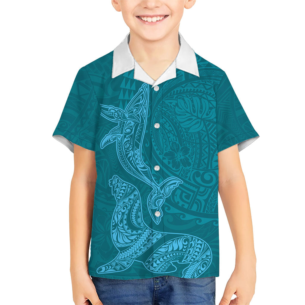 Hawaiian Monk Seal and Whale Family Matching Off Shoulder Short Dress and Hawaiian Shirt Kakau Tribal Pattern Teal Color LT03 Son's Shirt Teal - Polynesian Pride