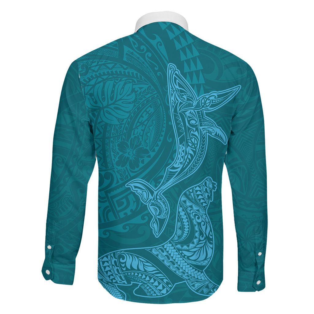 Hawaiian Monk Seal and Whale Family Matching Puletasi and Hawaiian Shirt Kakau Tribal Pattern Teal Color LT03 - Polynesian Pride
