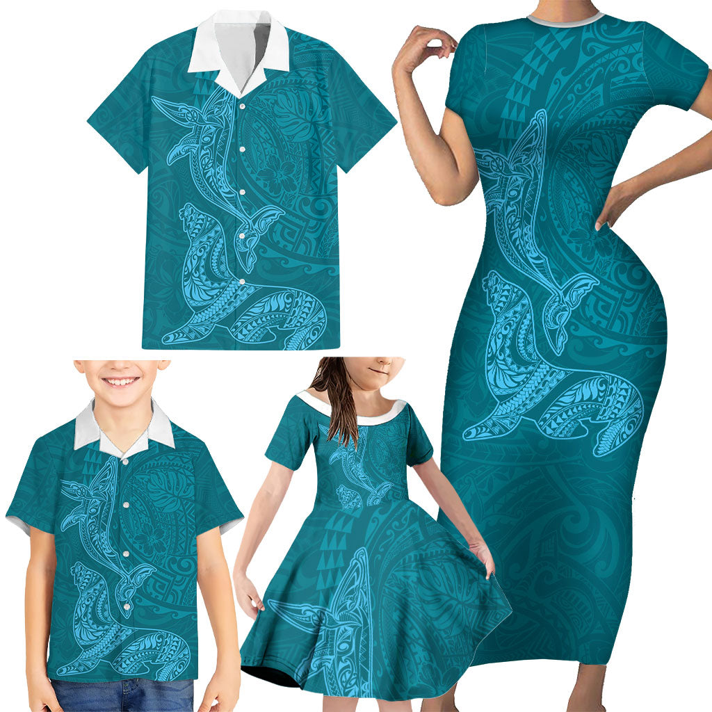 Hawaiian Monk Seal and Whale Family Matching Short Sleeve Bodycon Dress and Hawaiian Shirt Kakau Tribal Pattern Teal Color LT03 - Polynesian Pride