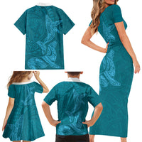 Hawaiian Monk Seal and Whale Family Matching Short Sleeve Bodycon Dress and Hawaiian Shirt Kakau Tribal Pattern Teal Color LT03 - Polynesian Pride