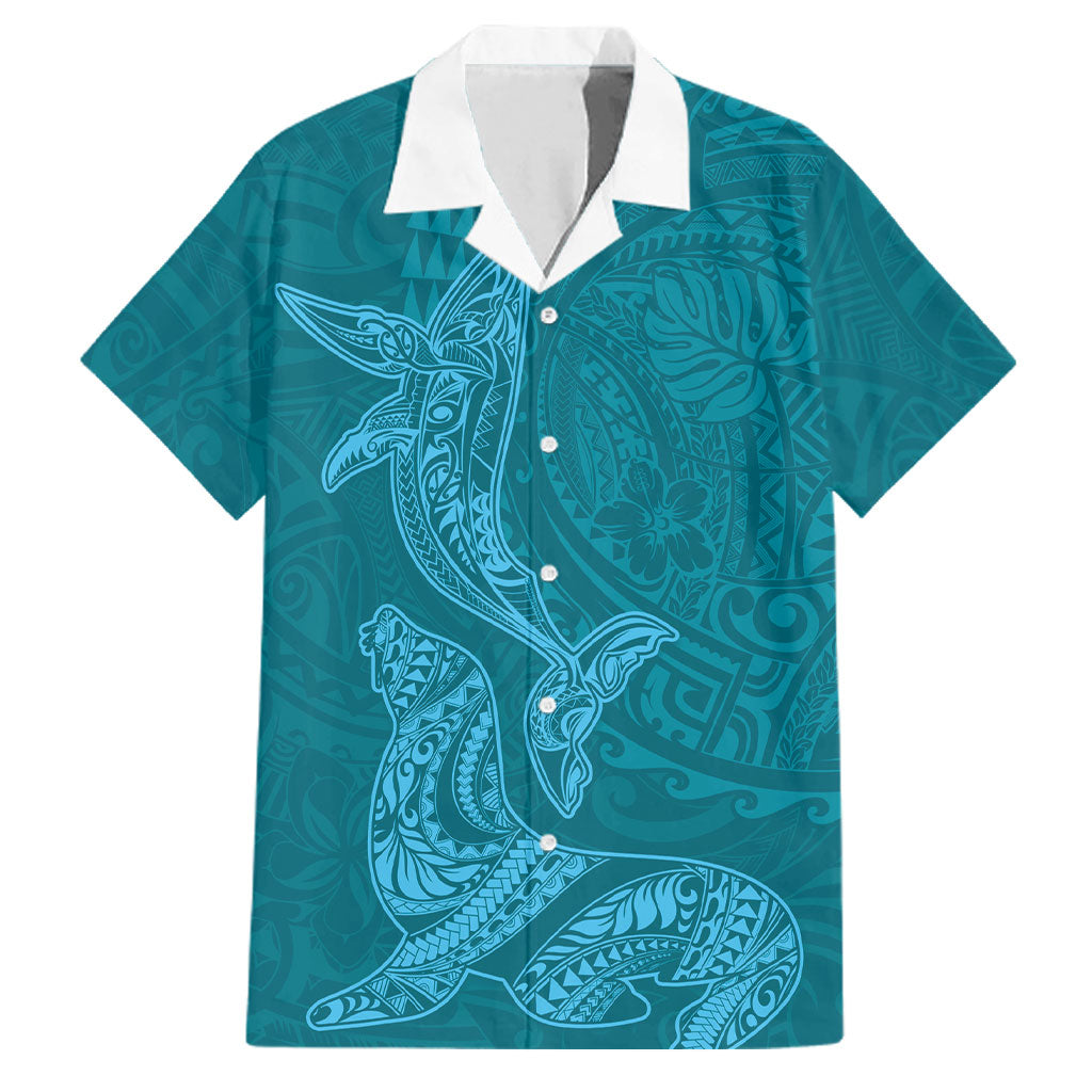 Hawaiian Monk Seal and Whale Family Matching Short Sleeve Bodycon Dress and Hawaiian Shirt Kakau Tribal Pattern Teal Color LT03 Dad's Shirt - Short Sleeve Teal - Polynesian Pride