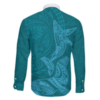 Hawaiian Monk Seal and Whale Family Matching Short Sleeve Bodycon Dress and Hawaiian Shirt Kakau Tribal Pattern Teal Color LT03 - Polynesian Pride