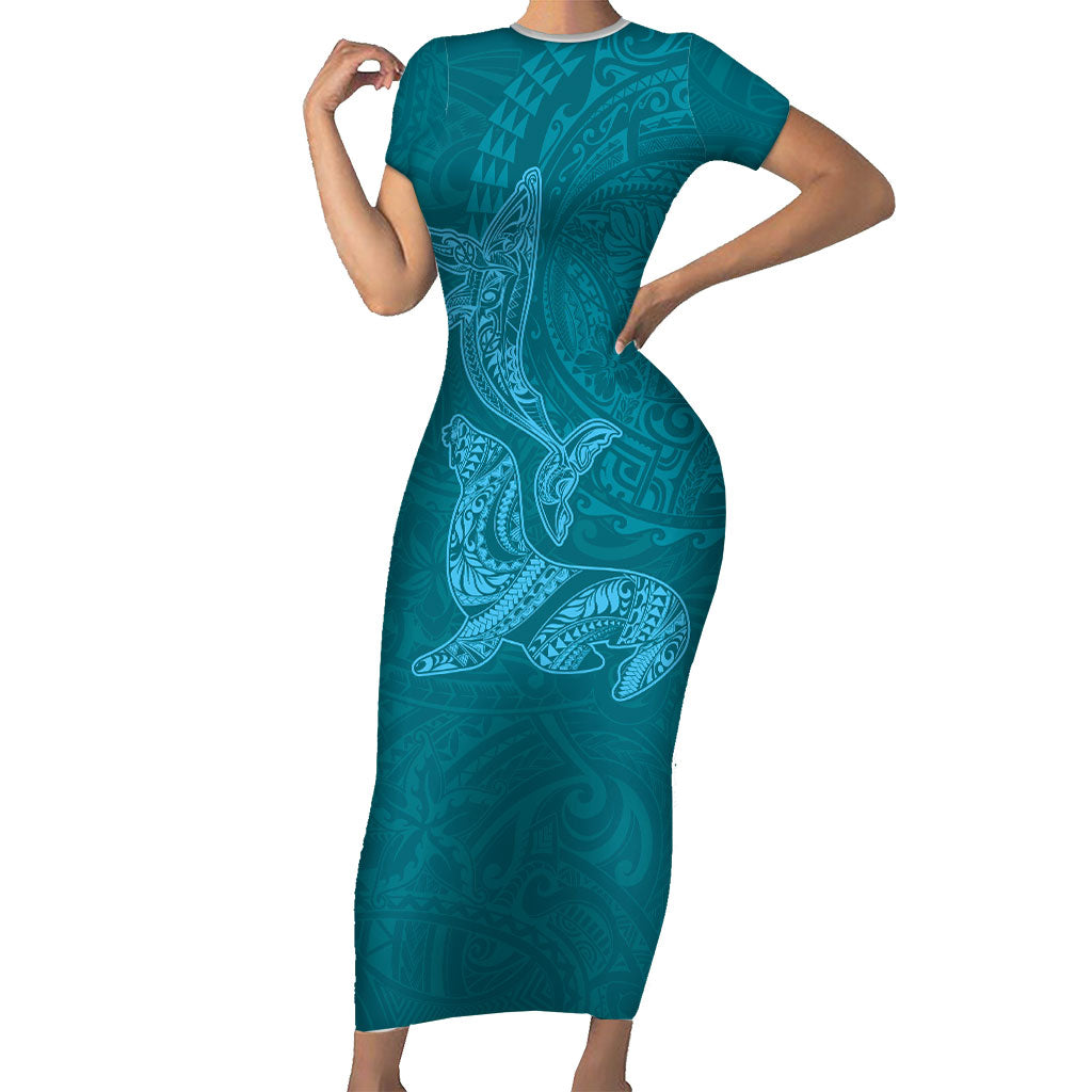 Hawaiian Monk Seal and Whale Family Matching Short Sleeve Bodycon Dress and Hawaiian Shirt Kakau Tribal Pattern Teal Color LT03 Mom's Dress Teal - Polynesian Pride